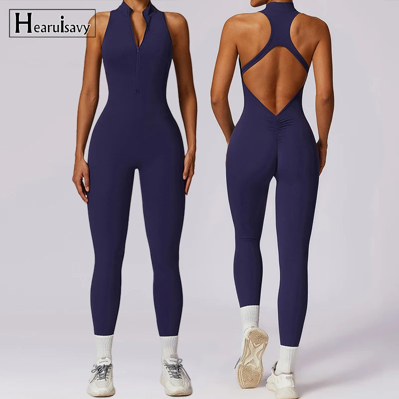 V Back One-piece Suit Women Sports Jumpsuit  Zippers Yoga Rompers Backless Sportswear Women Sleeveles Workout Bodysuits Female