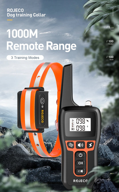 ROJECO 1000m Electric Dog Training Collar Remote Control Training Collar For Pet Rechargeable Dog Bark Control Stop Shock Collar