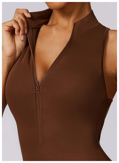 V Back One-piece Suit Women Sports Jumpsuit  Zippers Yoga Rompers Backless Sportswear Women Sleeveles Workout Bodysuits Female